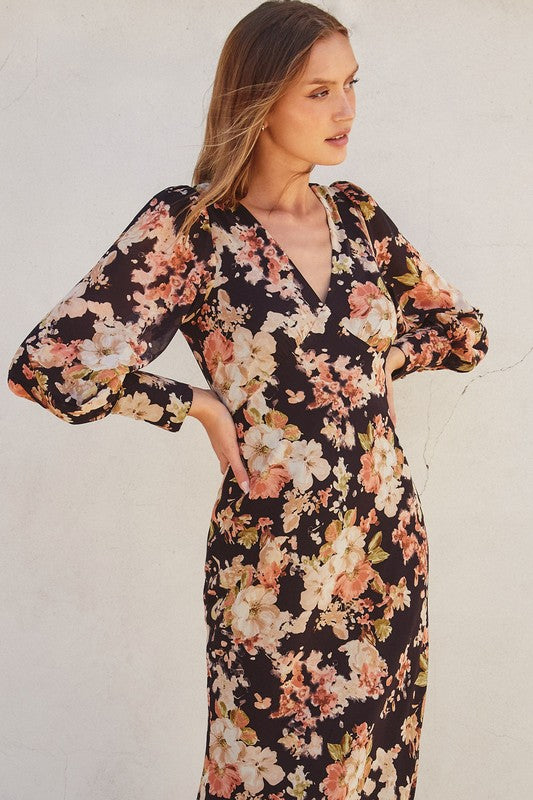 Long Sleeve Floral Print Maxi Dress Black