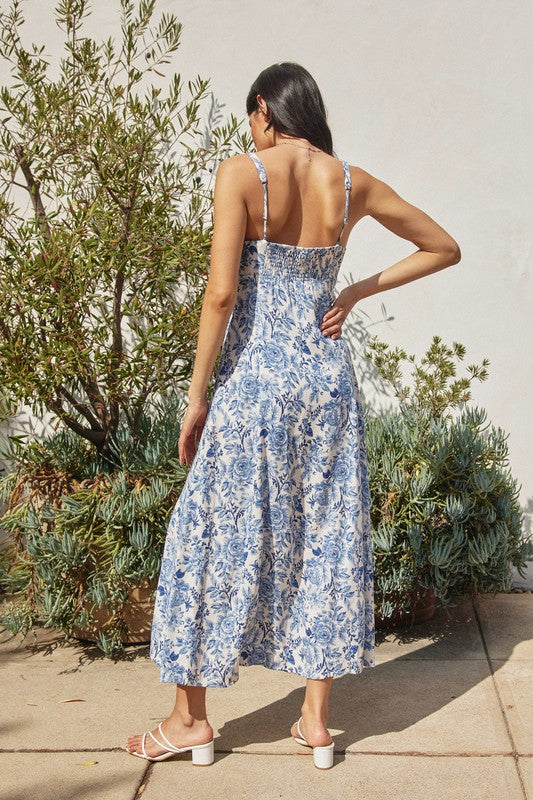 Sleeveless Floral Print Midi Dress Navy