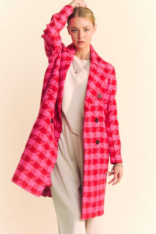  Long Sleeve Plaid Print Tweed Coat Pink