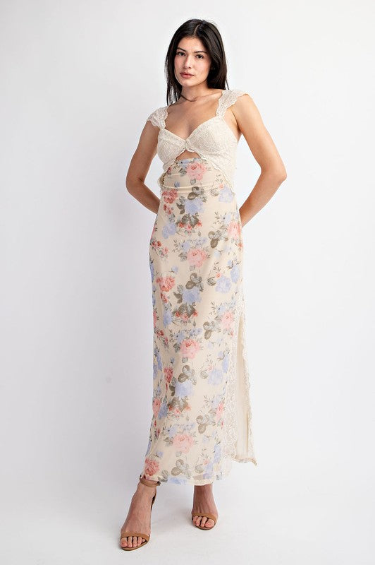 Floral Print Lace Trim Maxi Dress Cream