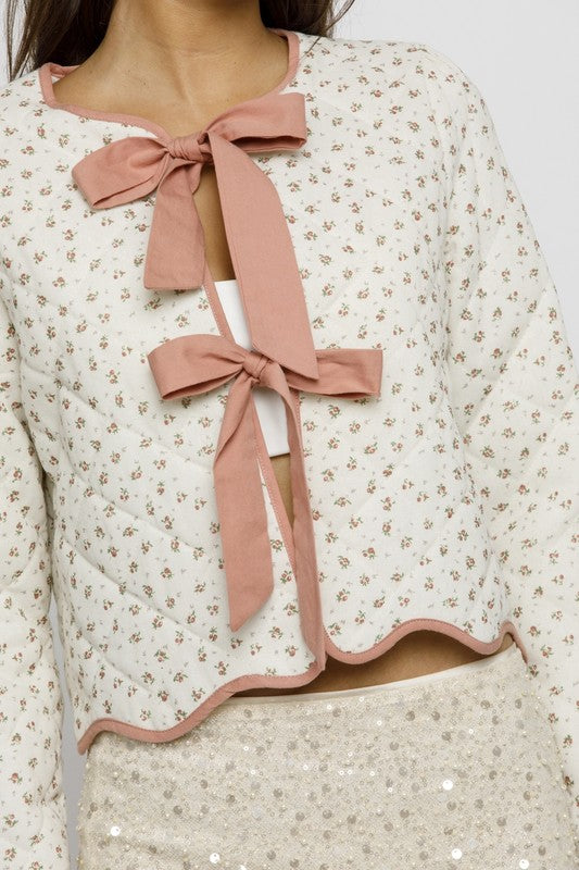 Long Sleeve Floral Printed Bow Tie Quilted Jacket Pink