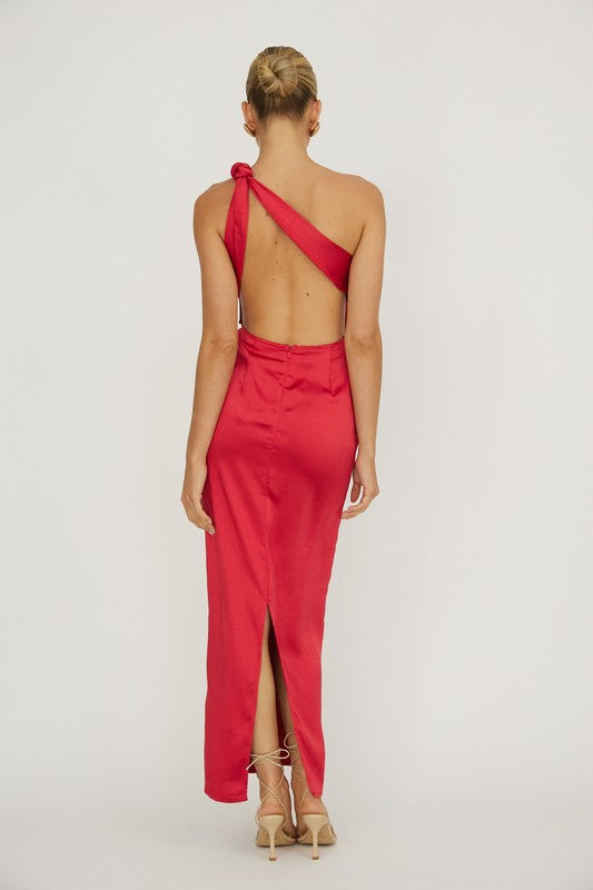 Sleeveless One Shoulder Satin Maxi Dress Red