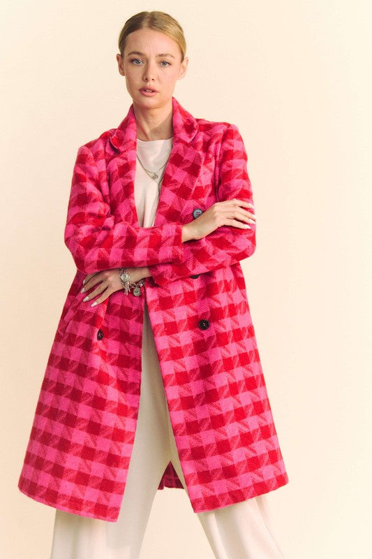  Long Sleeve Plaid Print Tweed Coat Pink