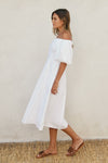 Off The Shoulder Puff Sleeve Linen Midi Dress White