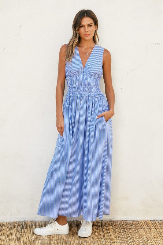 Sleeveless Stripe Print Shirred Waist Midi Dress Blue