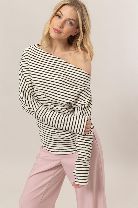 Long Sleeve One Shoulder Striped Sweater Top Cream