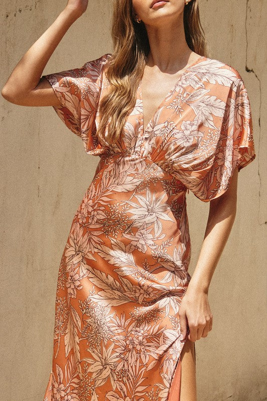 Kimono Sleeve Floral Print Maxi Dress Orange