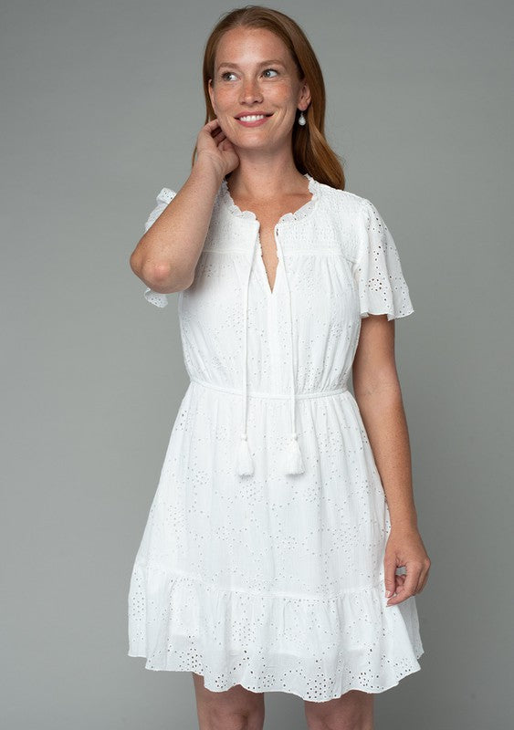 Short Sleeve Eyelet Mini Dress White