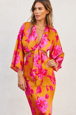  Kimono Sleeve Floral Print Cut Out Midi Dress Orange