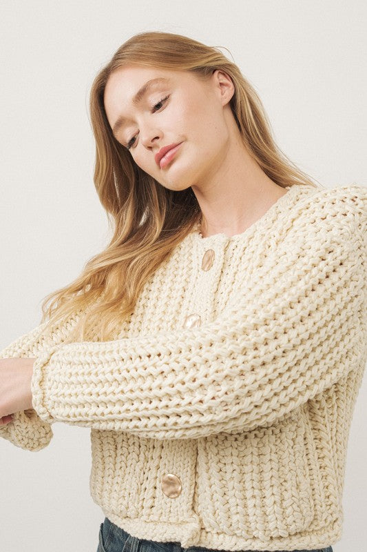 Long Sleeve Chunky Knit Cropped Cardigan Cream