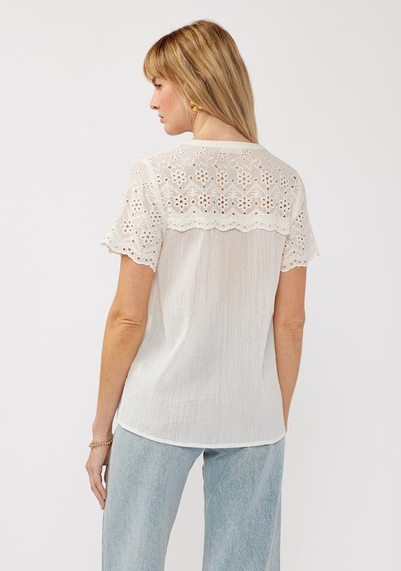 Short Sleeve Floral Eyelet Print Button Down Top White