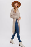 Long Sleeve High Slit Long Pullover Sweater Top Taupe