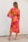  Kimono Sleeve Floral Print Cut Out Midi Dress Orange