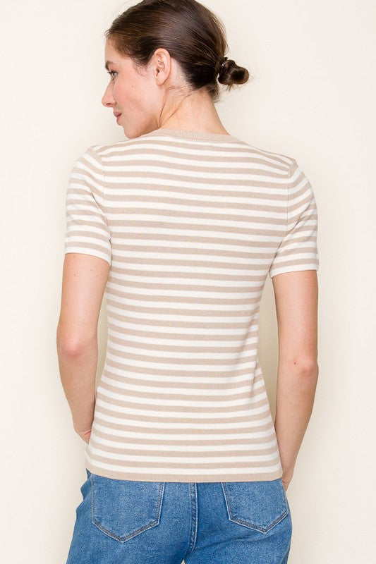 Short Sleeve Stripe Print Sweater Top Taupe