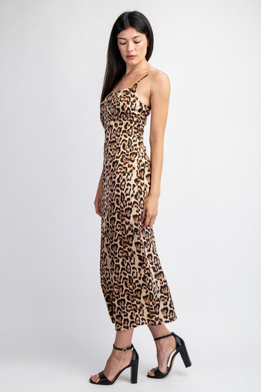 Sleeveless Leopard Print Midi Dress Brown