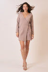 Long Sleeve Wrap Knit Sweater Mini Dress Taupe