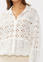 Long Sleeve Embroidered Eyelet Button Down Top White