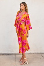  Kimono Sleeve Floral Print Cut Out Midi Dress Orange