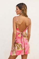  Sleevless Back Tie Tropical Patch Print Romper Pink