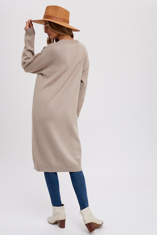 Long Sleeve High Slit Long Pullover Sweater Top Taupe