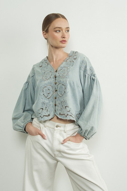 Long Ballon Sleeve Button Down Embroidered Denim Top Light Wash