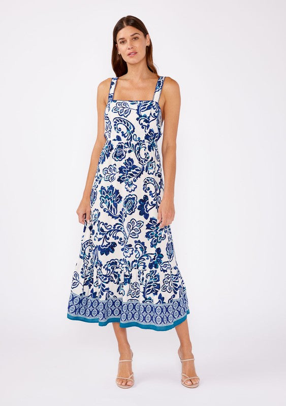  Sleeveless Back Tie Floral Print Midi Dress Navy