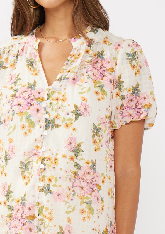 Short Puff Sleeve Button Down Floral Print Top Natural