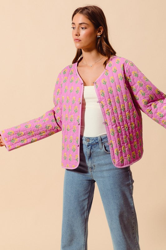 Long Sleeve Floral Print Quilted Jacket Rose