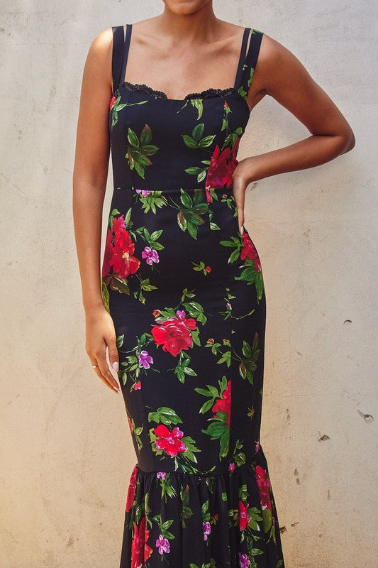 Sleeveless Floral Print Mermaid Midi Dress Black