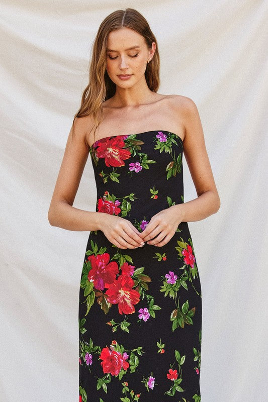 Sleeveless Floral Print Maxi Dress Black