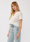 Short Sleeve Floral Eyelet Print Button Down Top White