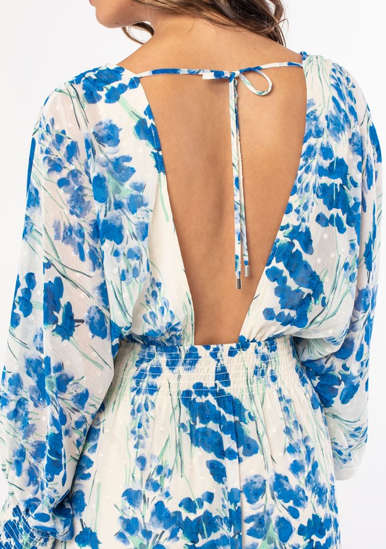 Long Sleeve Open Back Tie Floral Print Mini Dress Blue