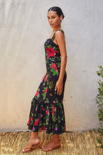 Sleeveless Floral Print Mermaid Midi Dress Black