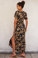  Short Flutter Sleeve Floral Print Maxi Dress Black