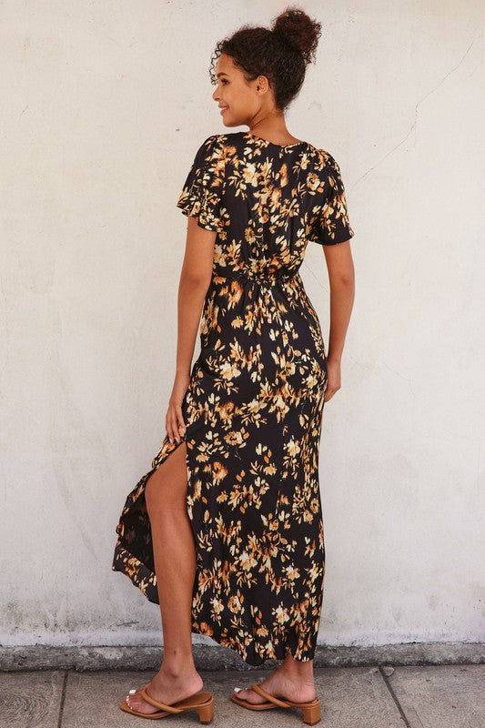  Short Flutter Sleeve Floral Print Maxi Dress Black