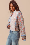  Long Sleeve Paisley Print Open Front Quilted Jacket Blue