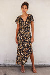  Short Flutter Sleeve Floral Print Maxi Dress Black