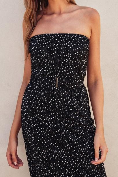 Sleeveless Polka Dot Print Midi Dress Black