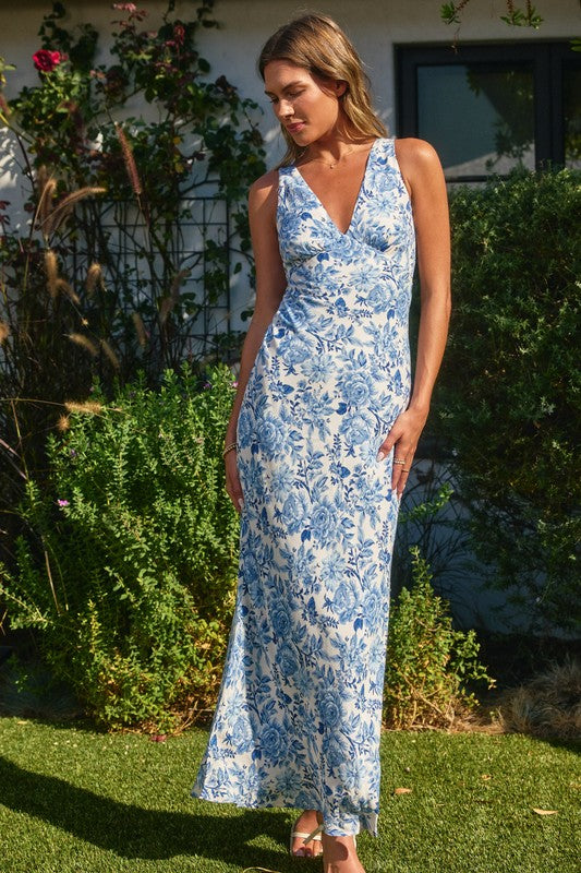 Sleeveless Floral Print Maxi Dress Blue