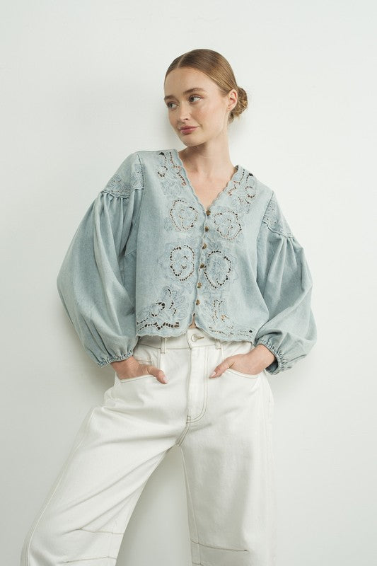 Long Ballon Sleeve Button Down Embroidered Denim Top Light Wash