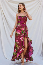 Sleeveless Back Tie Floral Print Maxi Dress Burgundy