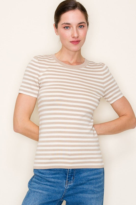 Short Sleeve Stripe Print Sweater Top Taupe