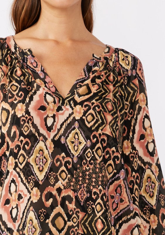 Long Sleeve Abstract Print Top Black