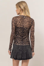 Lenny Long Sleeve Leopard Print Mesh Top Brown