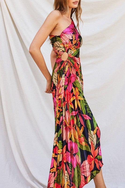 One Shoulder Pleated Floral Maxi Dress Fuchsia