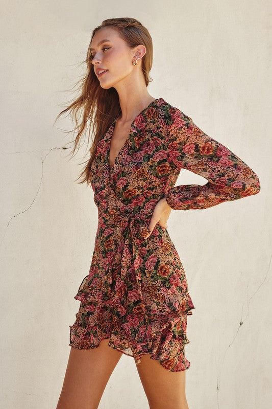 Long Sleeve Floral Print Wrap Mini Dress Rose