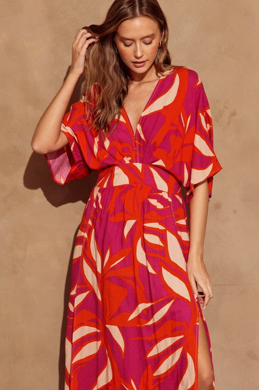 Kimono Sleeve Tropical Print Maxi Dress Pink