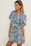  Short Puff Sleeve Floral Print Wrap Mini Dress Navy