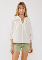 3/4 Sleeve Eyelet Button Down Top White