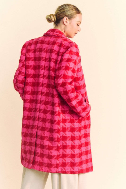  Long Sleeve Plaid Print Tweed Coat Pink